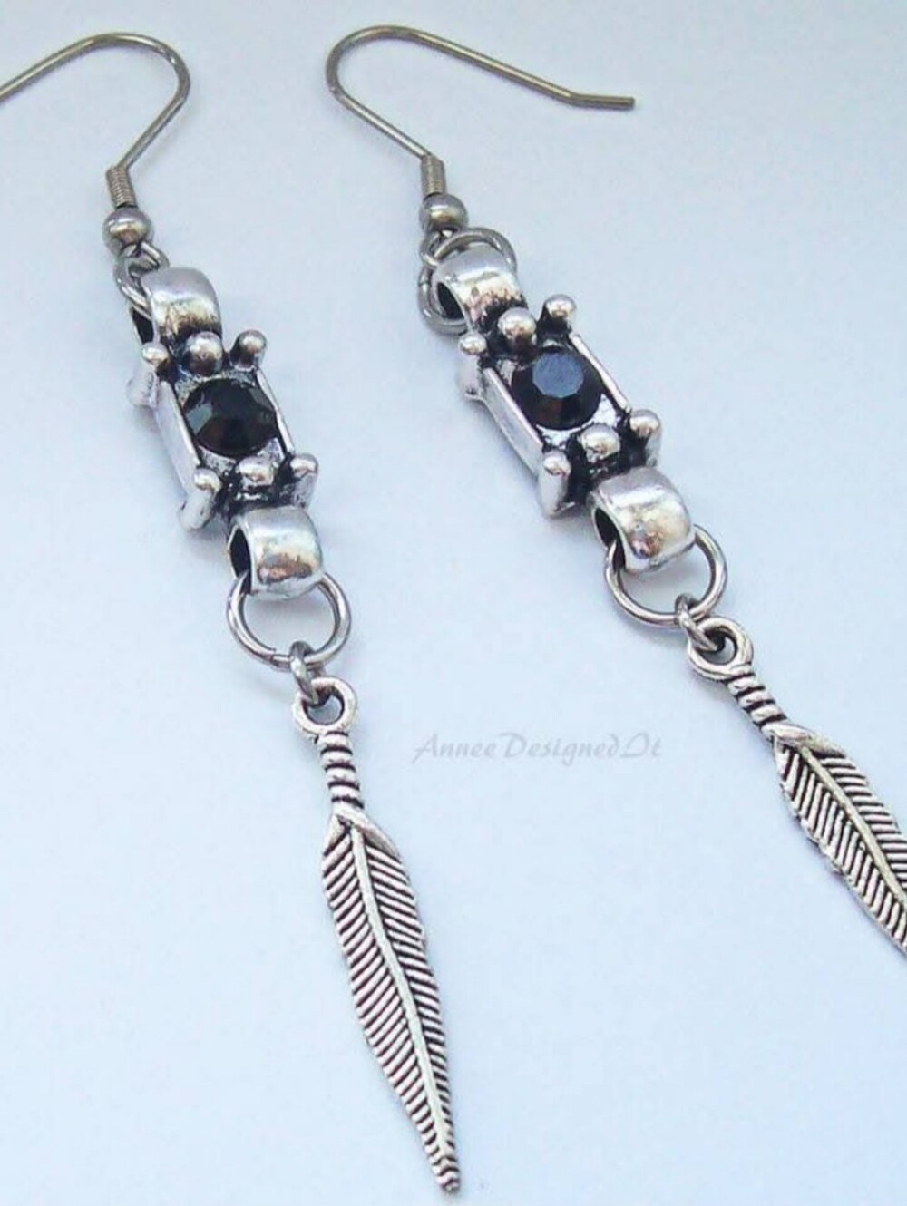 Silver & Black Rhinestone Feather Drop Earrings -